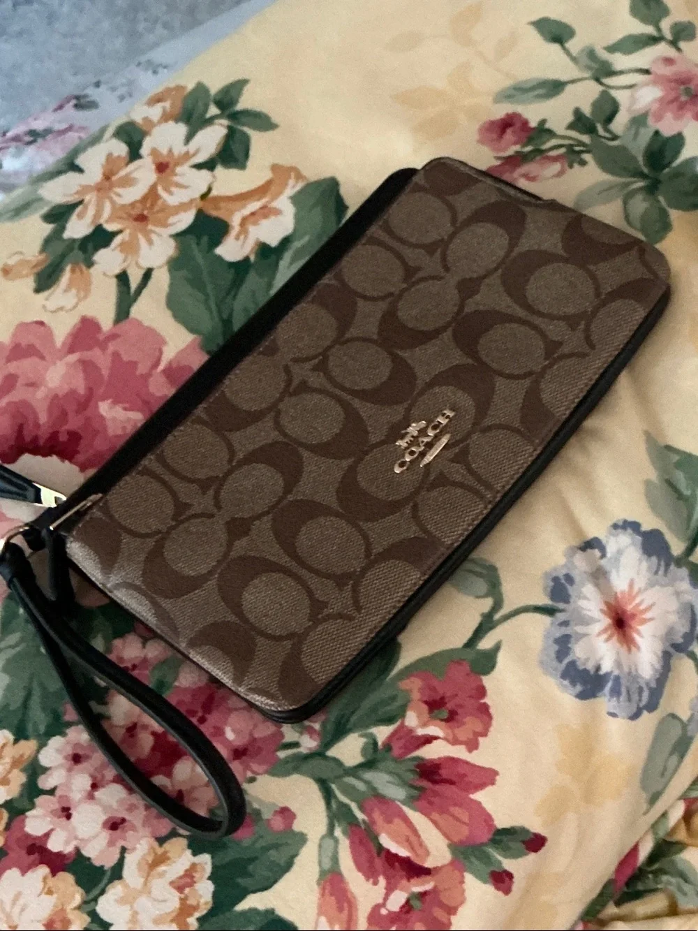 Coach Brown Signature Zip Wristlet with Gold Logo